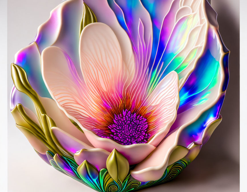 Colorful Glass Sculpture of Blooming Flower with Textured Center