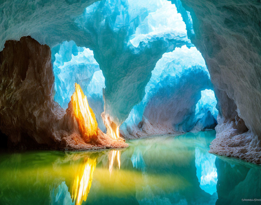 Ethereal ice cave with turquoise glow and golden rock reflection