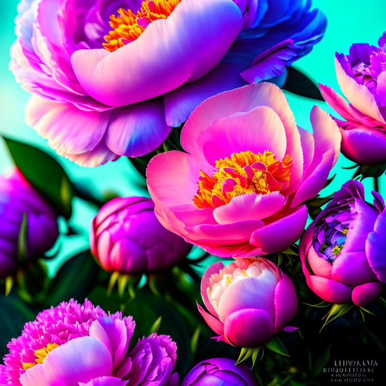 Pink peonies with golden stamens on teal background - Blooming flowers display