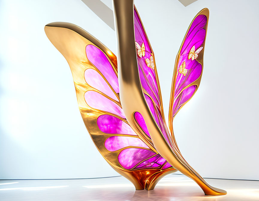 Stylized butterfly wing sculpture with golden edges and vibrant purple panels.