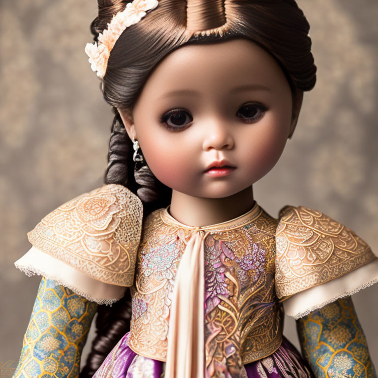 Porcelain doll with period clothing and floral hair accessories