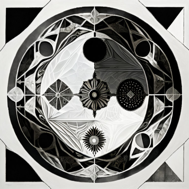 Circular and fractal monochrome geometric patterns in black and white