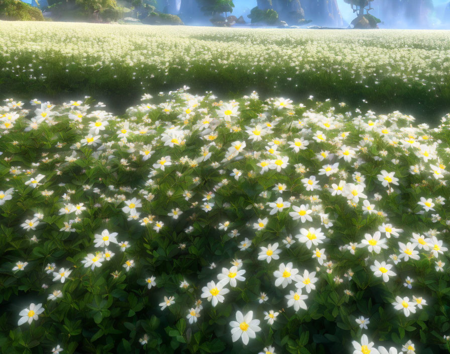 Lush meadow with white and yellow flowers under hazy sunlight