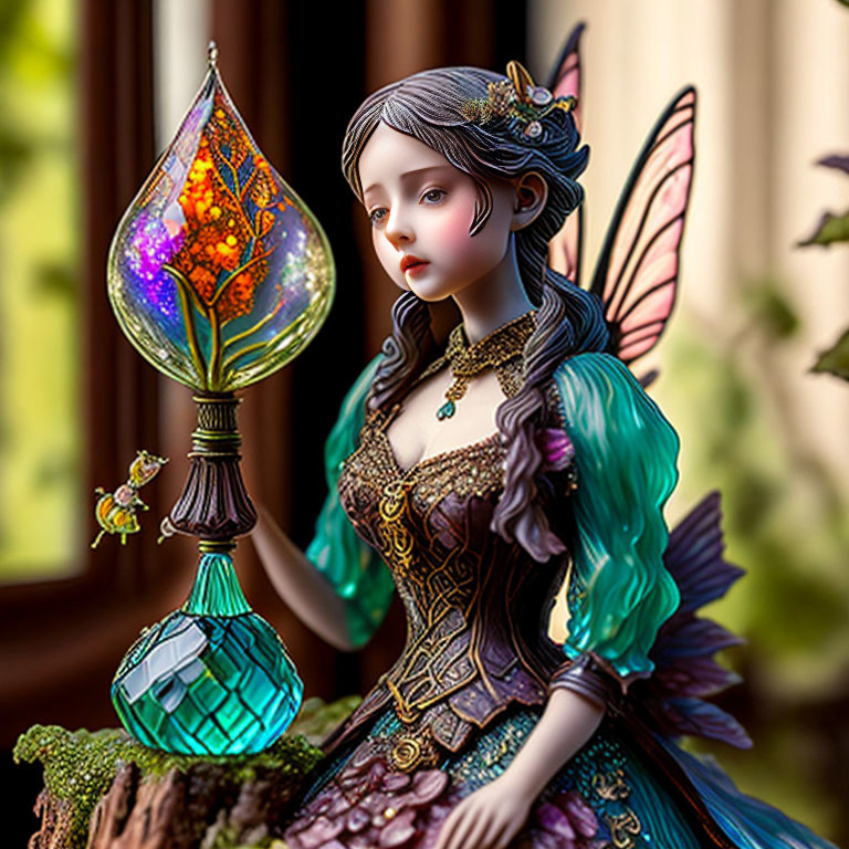 Colorful Fairy Figurine with Lantern and Intricate Dress