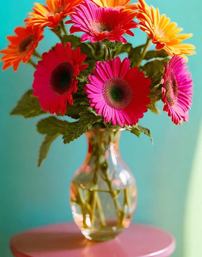 Colorful Pink and Orange Gerbera Daisies in Clear Vase on Teal Background