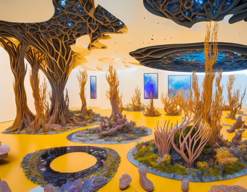 Sculptural Trees, Yellow Floors, Mirrors in Desert-Like Art Installation