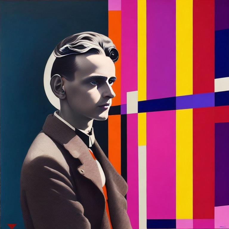 Stylized portrait with slicked-back hair on multicolored background