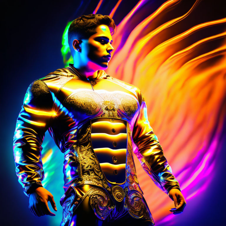 Man in metallic ornate suit with vibrant light effects