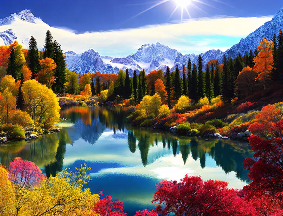 Autumn trees reflected in tranquil lake with snow-capped mountains under blue sky