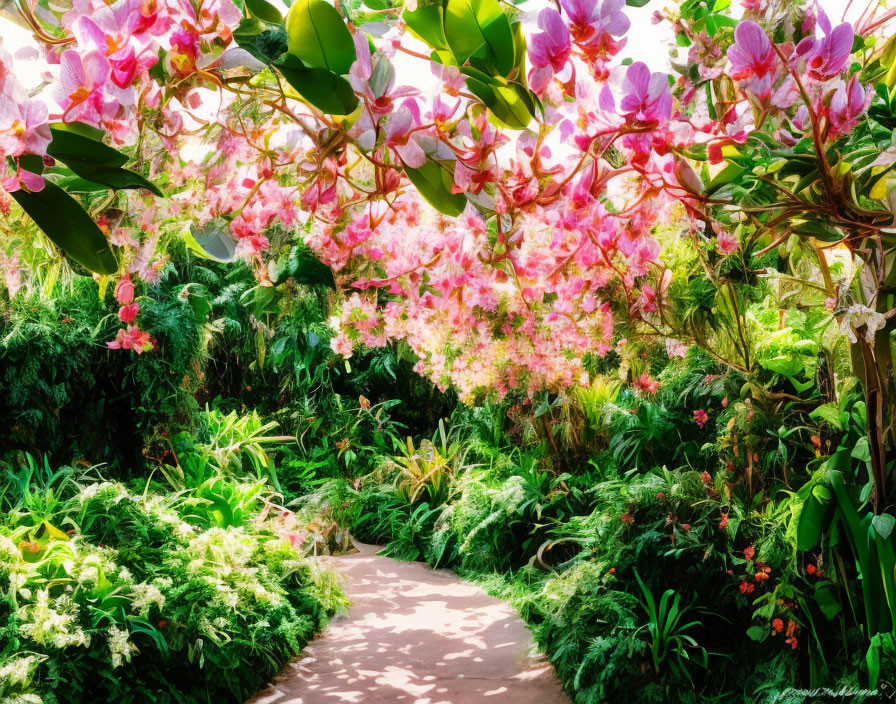 Lush Garden Path with Pink Orchids and Greenery