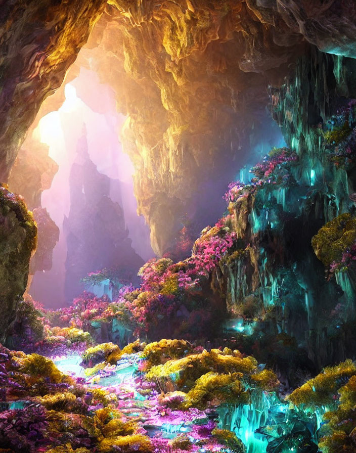 Fantasy cave with glowing flora, cascading water & sunlit opening