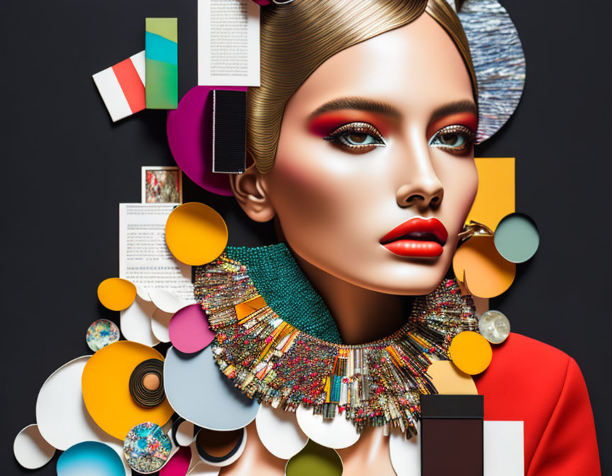 Colorful Abstract Collage Surrounds Woman with Bold Makeup