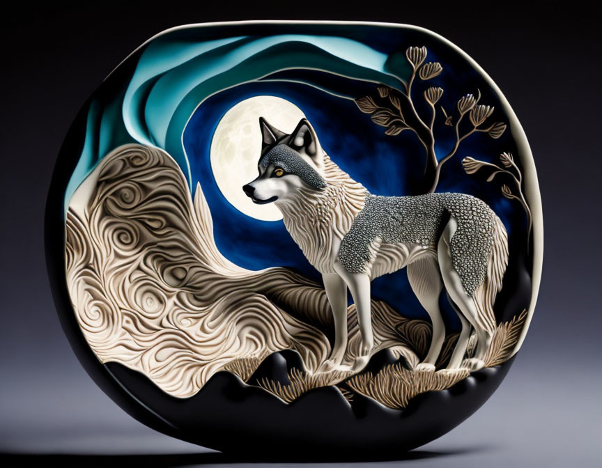 Sculptural plate: Wolf, moon, waves, tree; intricate relief work, dynamic colors