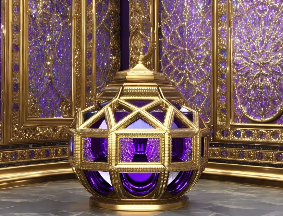 Golden lantern with purple glass in luxurious room