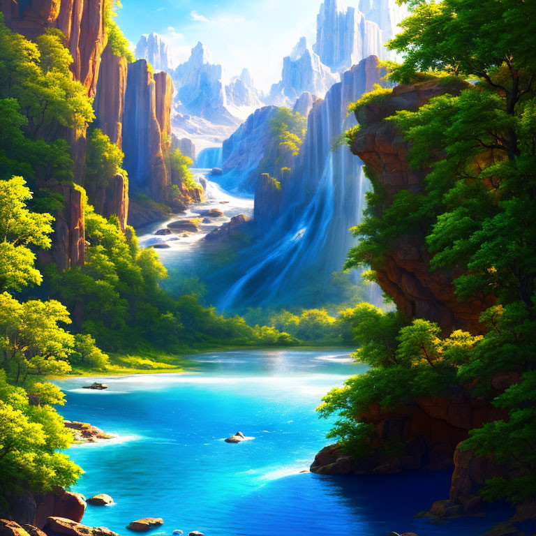 Fantasy landscape with waterfall, greenery, and rock formations