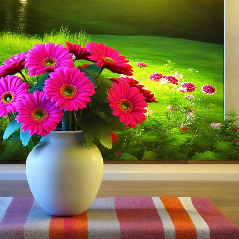 Pink daisies bouquet in white vase on colorful cloth against sunny meadow landscape