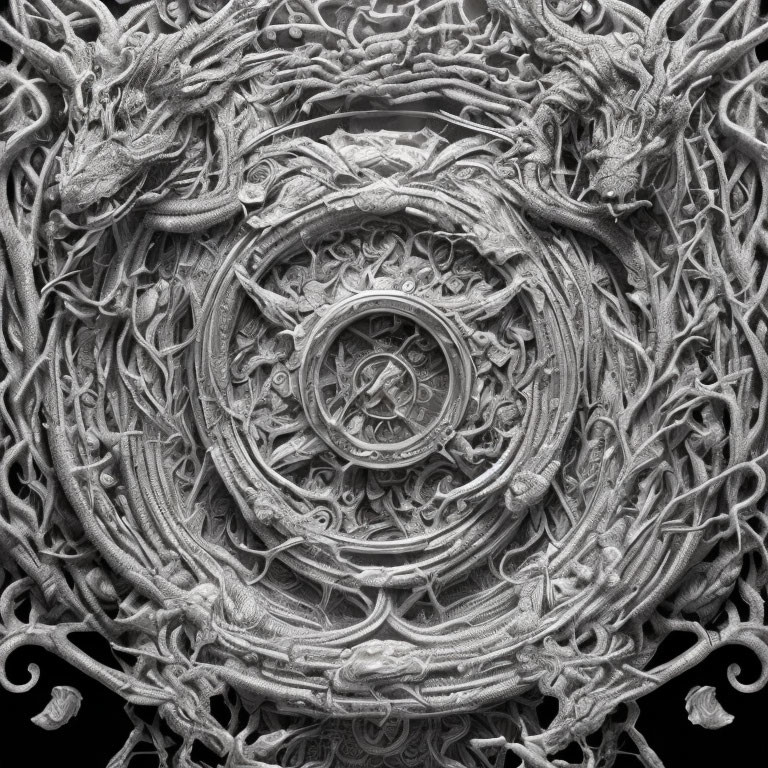 Detailed stone carving of dragons, floral, and Celtic knot designs.