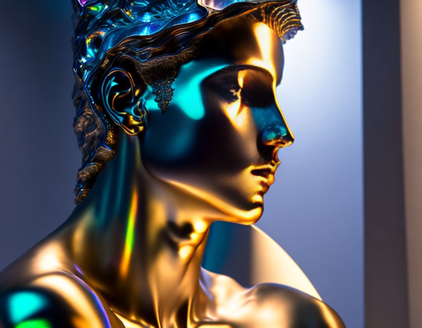 Metallic statue of human face with blue and golden lighting shadows