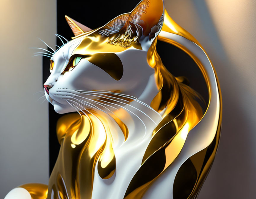 Stylized metallic cat digital artwork with white and gold colors