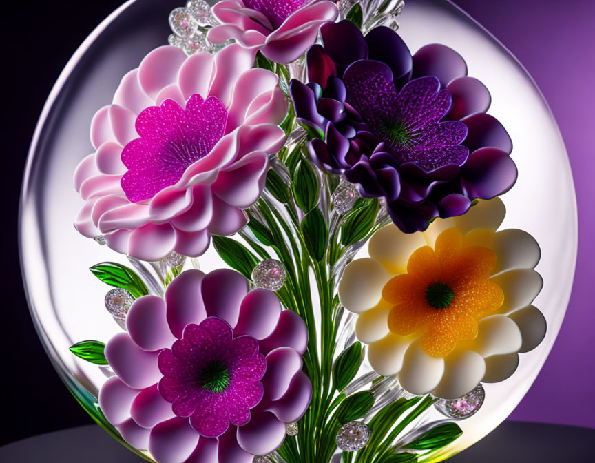 Colorful digital artwork: stylized flowers in purple, pink, and yellow with dewdrops on dark