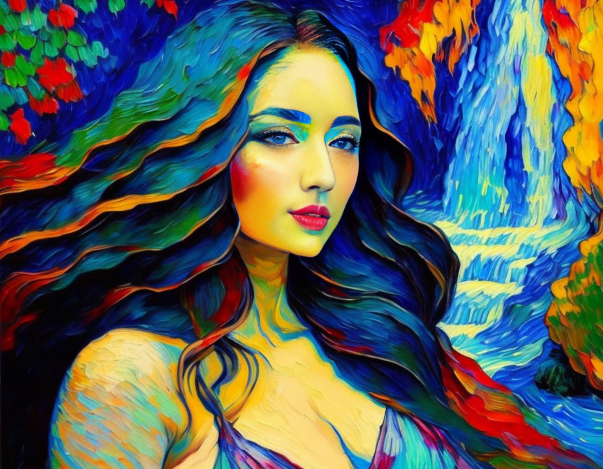 Vibrant portrait of woman with flowing hair in colorful, stylized painting