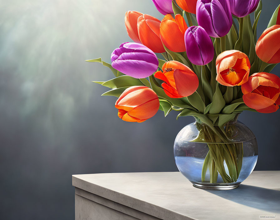 Multicolored tulips in clear glass vase on gray surface with soft sunlight