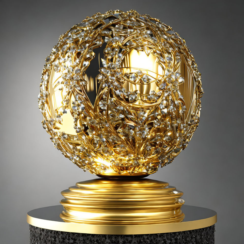 Golden Sphere with Jewels on Metallic Pedestal: Ornate Design & Intricate Details