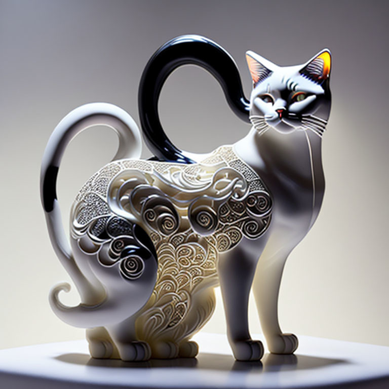 Stylized ceramic cat with intricate patterns and metallic finish