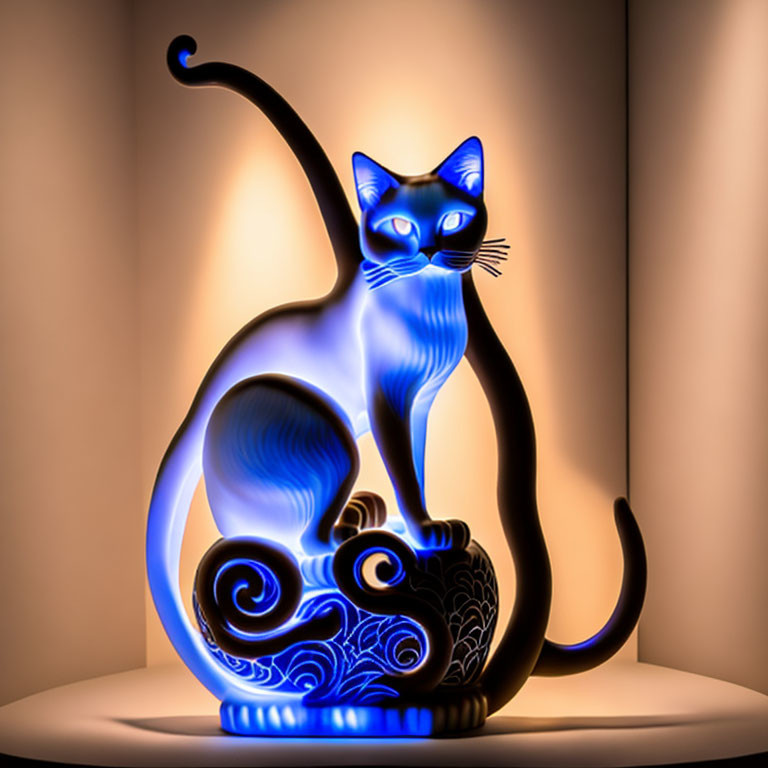 Blue Glass Cat Sculpture with Intricate Designs on Warm Backdrop