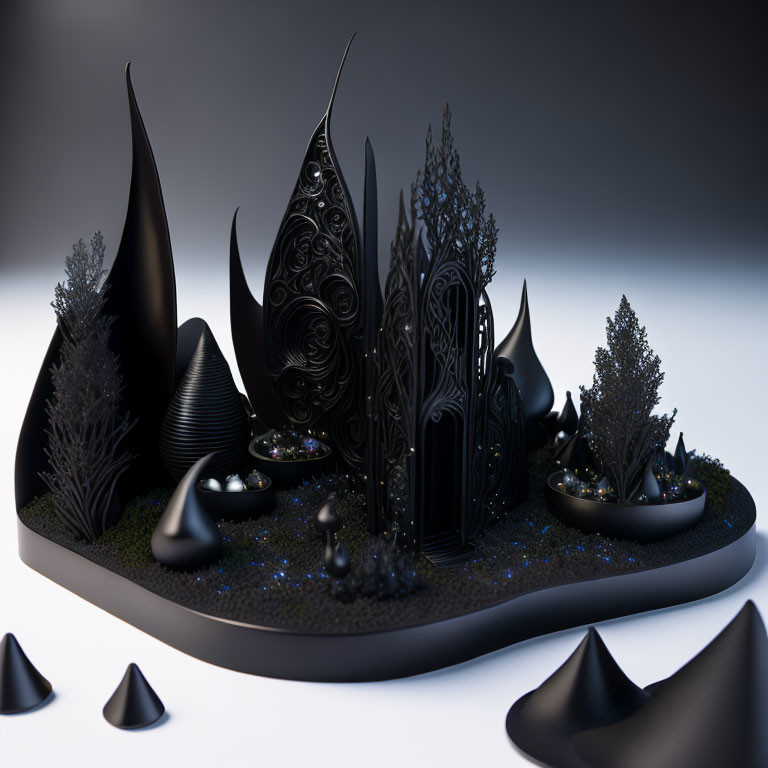 Fantasy 3D-rendered landscape with black ornate structures, trees, and conical shapes