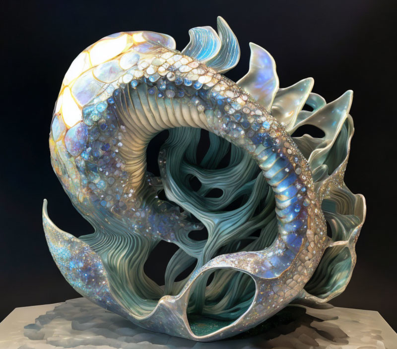 Surreal nautilus-inspired sculpture with swirling interior and pearlescent textures