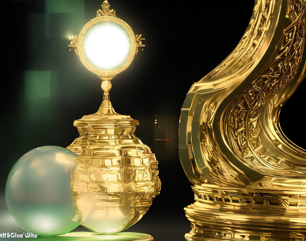 Golden lamp and crystal ball glowing on dark background