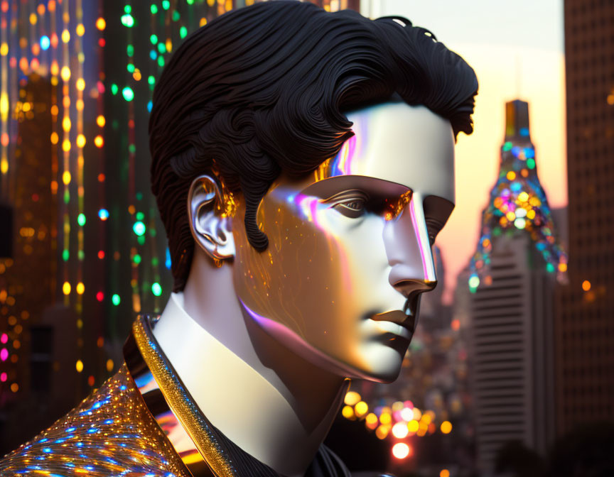 Stylized digital artwork of neon-lit mannequin head against cityscape