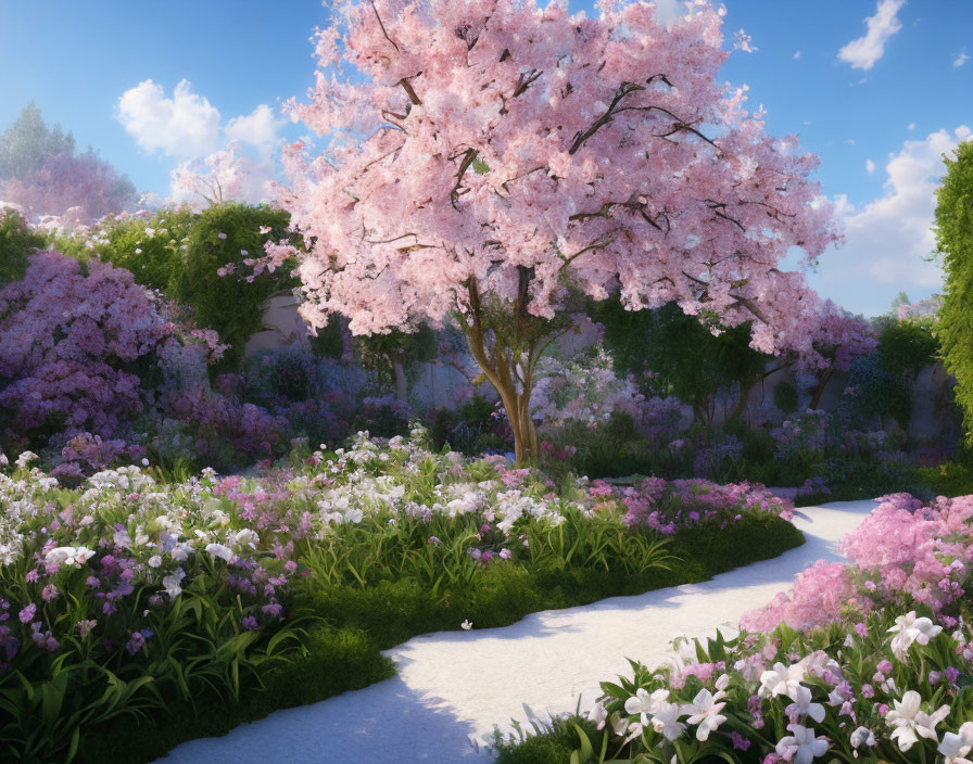 Tranquil garden with winding path and cherry blossoms