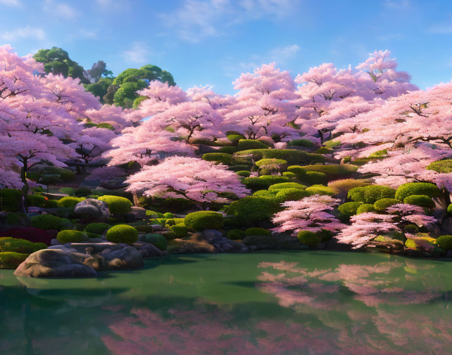 Tranquil pond with lush cherry blossoms and manicured greenery