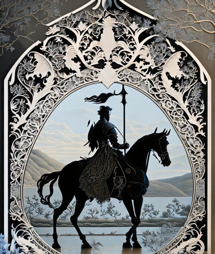 Detailed paper-cut art: Knight on horseback with spear under gothic arch