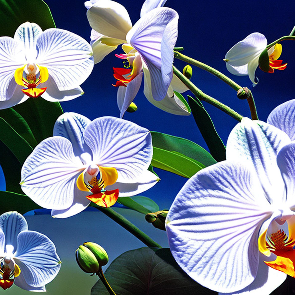 Colorful White and Purple Orchids on Blue Sky Background