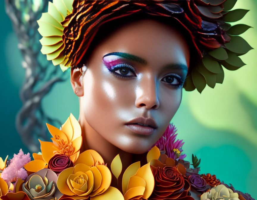 Colorful Makeup and Autumn Leaf Headdress on Woman against Turquoise Background