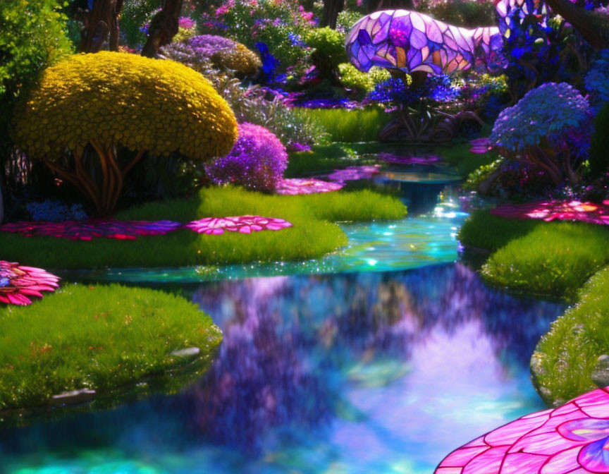 Colorful Fantasy Garden with Shimmering River and Glowing Flower Structures