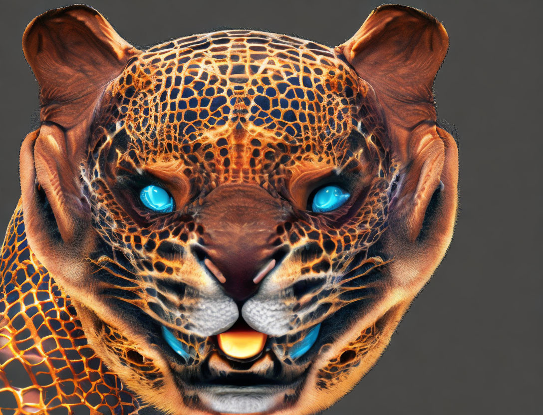 Jaguar Head Digital Artwork with Grid Pattern and Blue Eyes