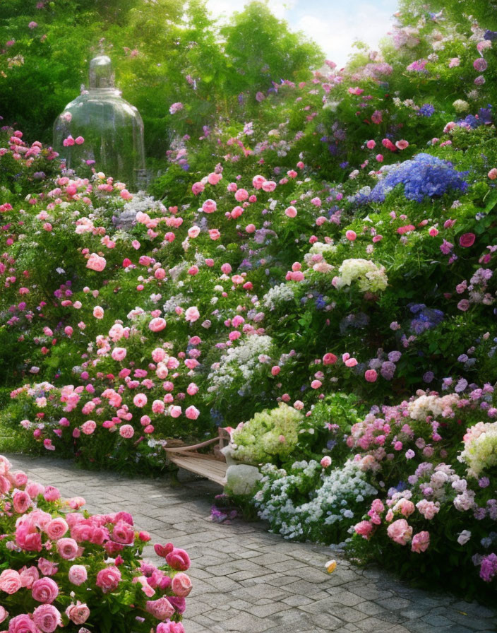 Vibrant pink and blue hydrangeas in a lush garden path