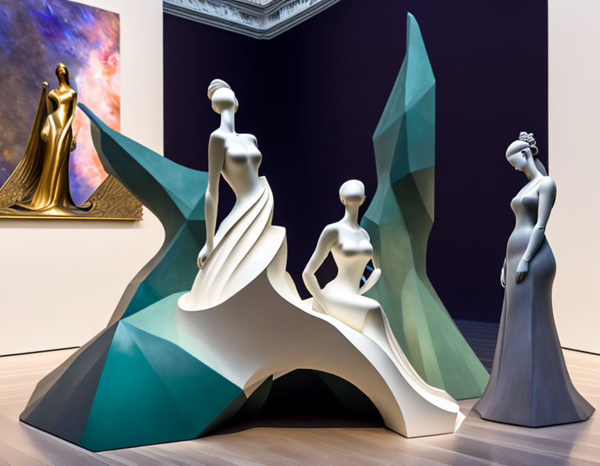 Artistic gallery display of stylized female figures on undulating forms