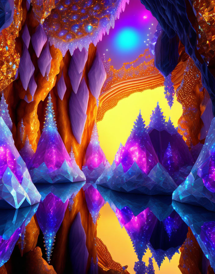 Fantastical crystal cave with mirrored lake and glowing crystals in purple, blue, and orange