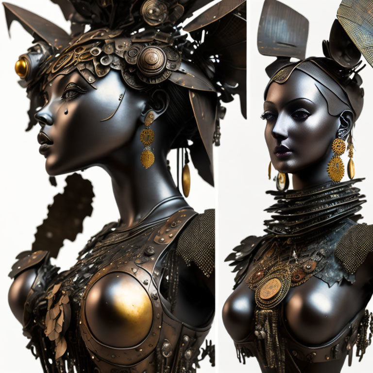 Steampunk-inspired woman sculpture with metallic armor and ornate headgear