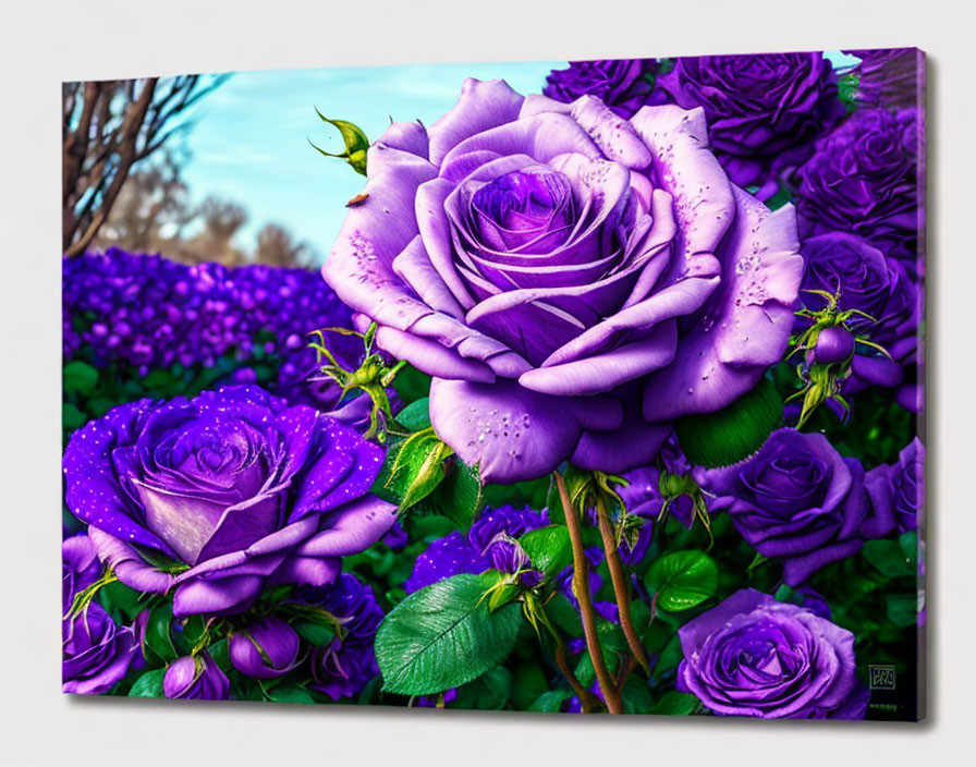 Vibrant purple roses with water droplets on greenery and blue sky