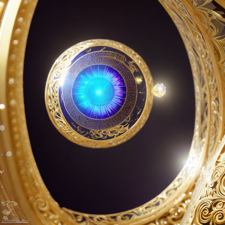 Intricate golden spiral around glowing blue orb with celestial body in dark backdrop