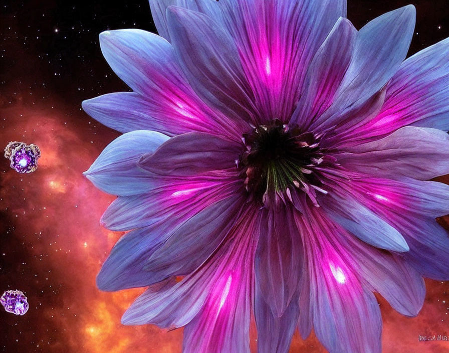 Purple Flower with Pink Centers on Cosmic Background