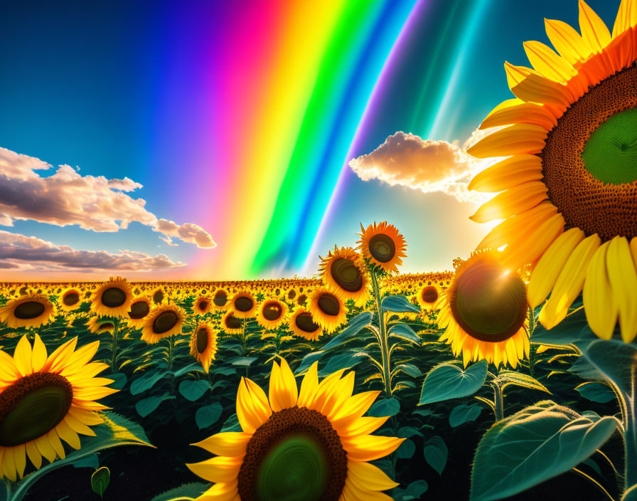 Colorful sunset scene with vibrant sunflowers, rainbow, and sun in the sky