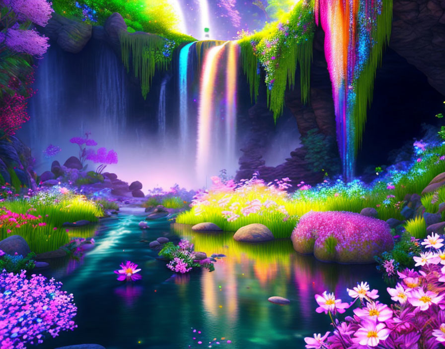 Surreal landscape with luminous waterfall, rainbow hues, serene river, glowing flowers, lush foliage