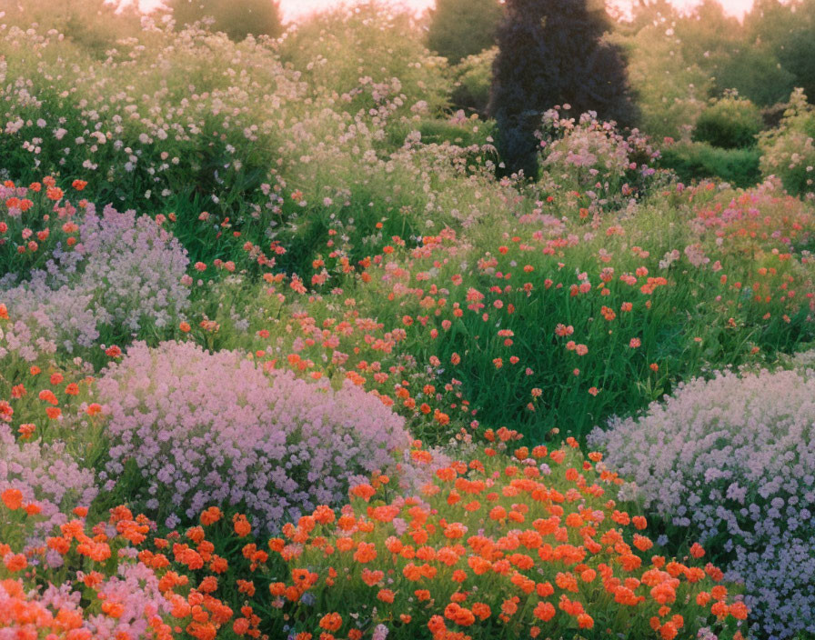 Colorful Purple and Orange Flower Field Surrounded by Greenery